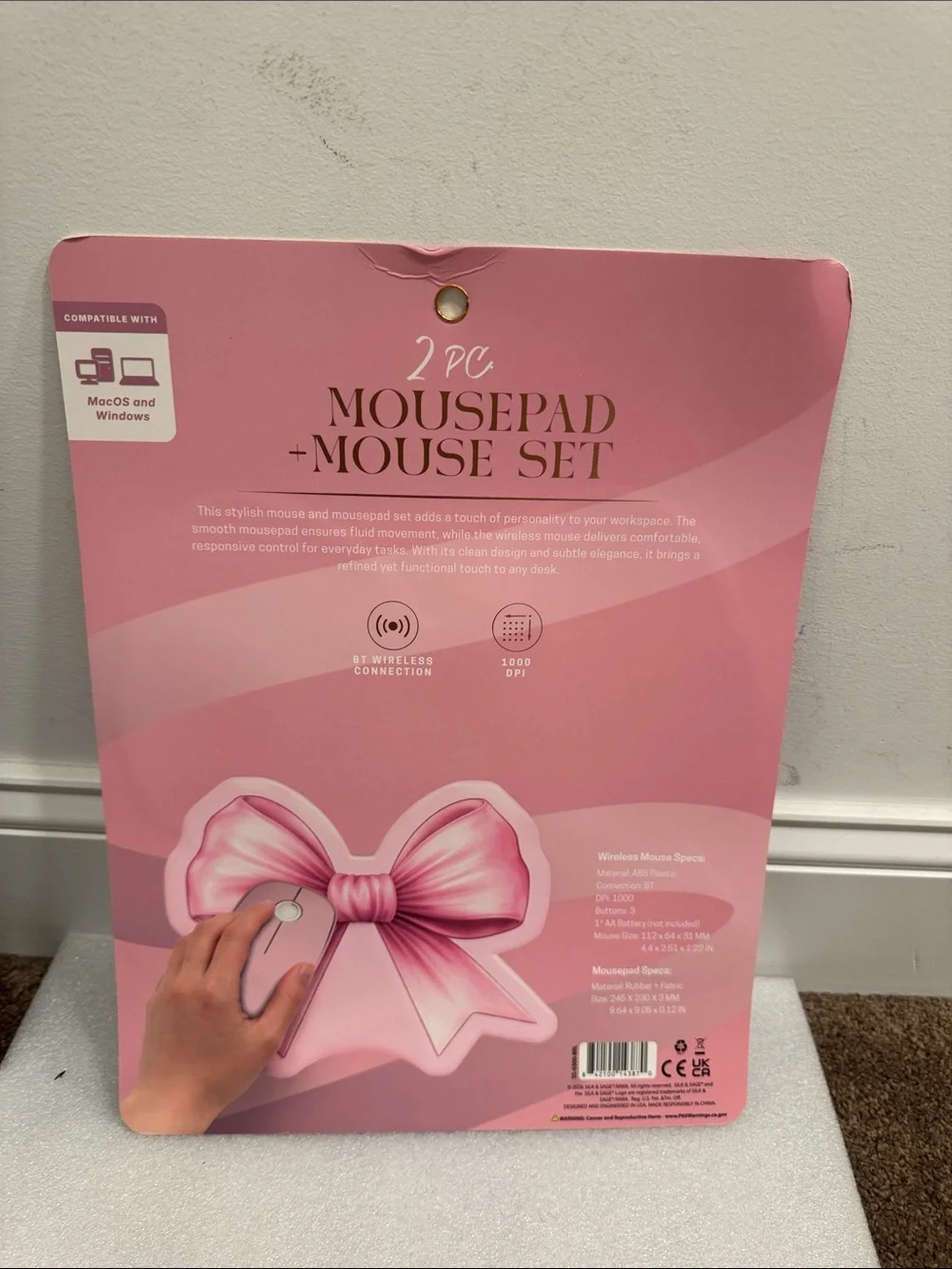 Pink Bow Mousepad and Wireless Mouse Set NIP